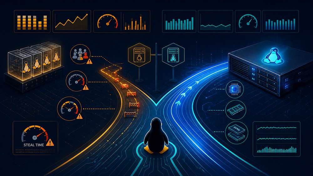 wo diverging infrastructure paths: a bottlenecked VPS route and an open dedicated server route.